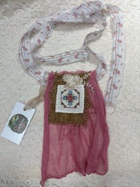 Handmade Pink Boho Jabot with Floral Embroidered Cross.